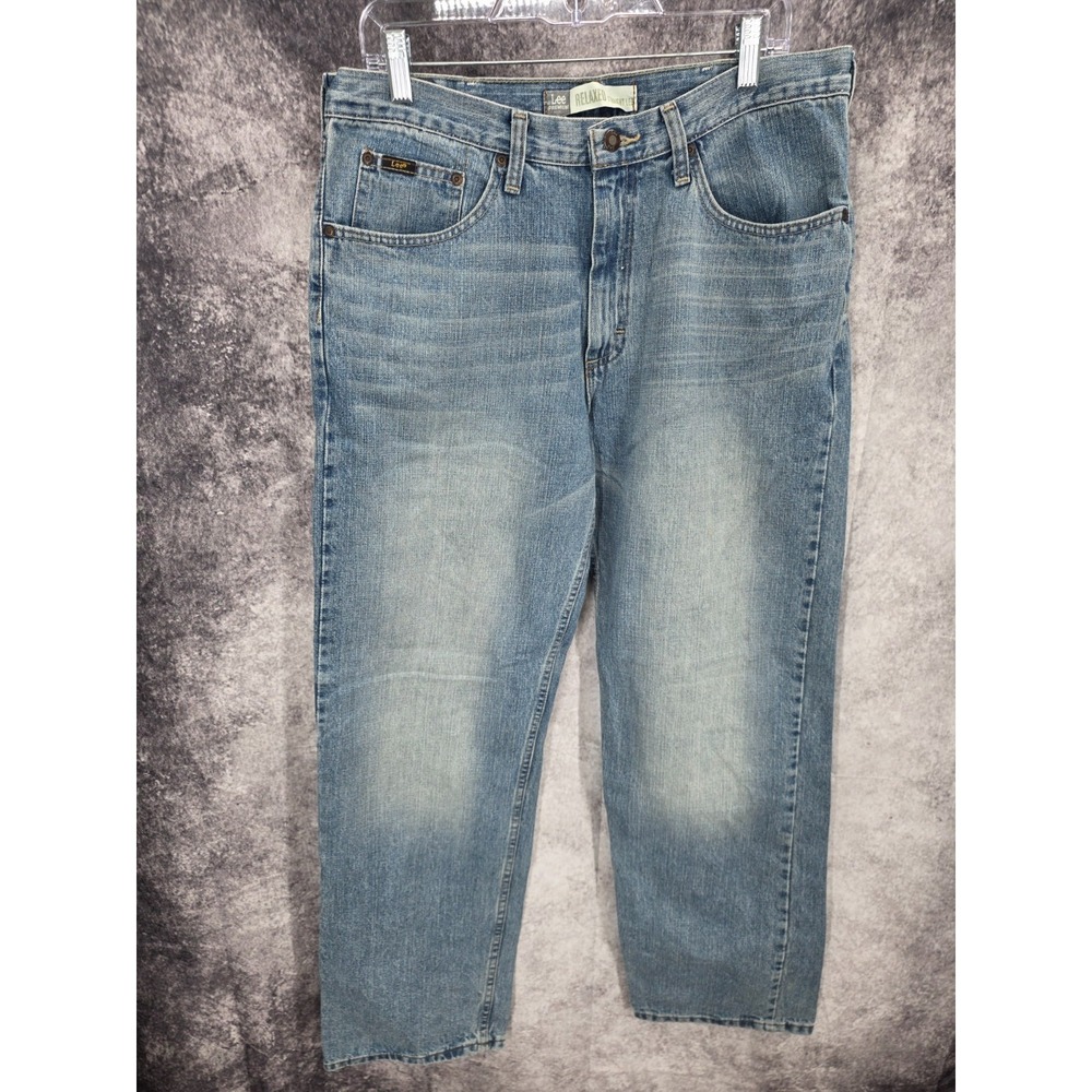 Lee Jeans Mens 34 X 32 Blue Fade Relaxed Straight Medium Wash Whiskers Cotton